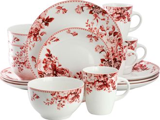 Elama Traditional Red Rose 16 Piece Stoneware Dinnerware Set