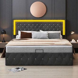 OEM Cama Doble 180x200cm Hidr&aacute;ulica - Cabecero De Terciopelo Negro Acolchado Con Luces Led Integradas - Almacenamiento Maxi