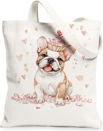 Generic Cute Dog Canvas Tote Bags, Adorable Puppy Pattern Reusable Grocery Bags, Spring Floral Lightweight Washable Shoulder Canvas, White, 13x15 Inch