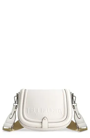 True Religion Distressed Logo Denim Saddle Bag in White at Nordstrom