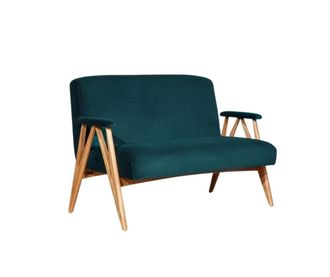 Robin des Bois Banco de 2 plazas en madera maciza de hevea y terciopelo. Bleu paon