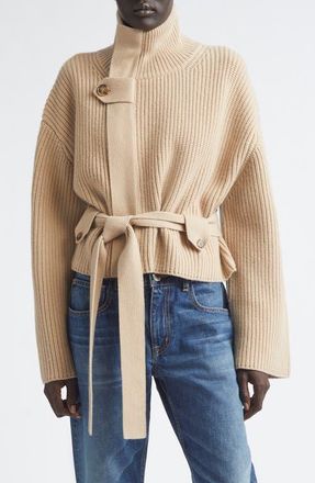 Brandon Maxwell The Neal Belted Cashmere Zip Cardigan in Camel at Nordstrom, Size X-Small