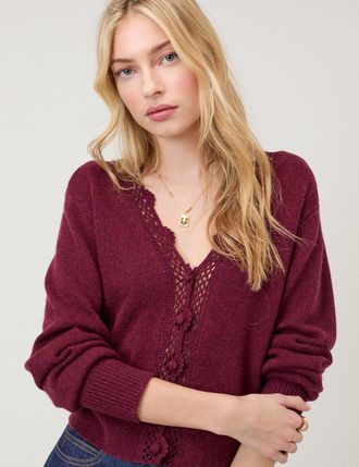 Nobody's Child Burgundy Crochet Trim V Neck Cardigan