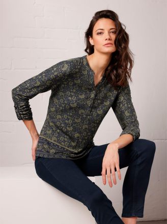 Cr&eacute;ation L Langarmshirt CREATION L PREMIUM Lyocell-Shirt, Damen, Gr. 36, bunt (khaki, marine, bedruckt), 96% Lyocell, 4% Elasthan, bedruckt, gebl&uuml;mt, gemustert, 