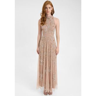 Beauut Embellished Sequin Beaded Maxi Dress With High Neckline With Sleeveless Design in Taupe Blush at Nordstrom, Size 2