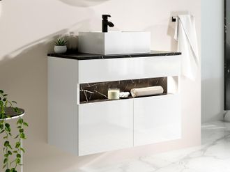 Vente-Unique Mobile per il bagno sospeso a LED con lavabo da appoggio Bianco e Nero effetto marmo L80 cm POZEGA
