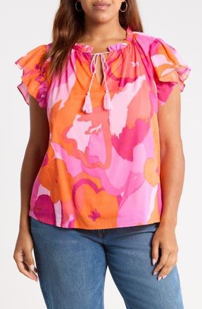 Sugarlips Merim Deniza Floral Split Neck Cotton Top in Orange Pink Multi at Nordstrom, Size 1X