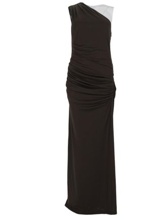 Rotate Asymmetrical One-Shoulder Fitted Midi Dress With Gathered Ruching