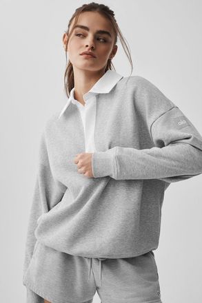 Alo | Take It Easy Long Sleeve Henley Pullover Top in Athletic Heather Grey/White, Size: Medium