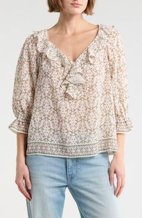 Max Studio Ruffle Front Floral Top in Tofu Pin Cushion Lattice at Nordstrom Rack, Size X-Small