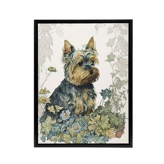 Artery8 Yorkshire Terrier Dog In Wildflowers Framed Canvas Wall Art Print | Size: W24 x H32