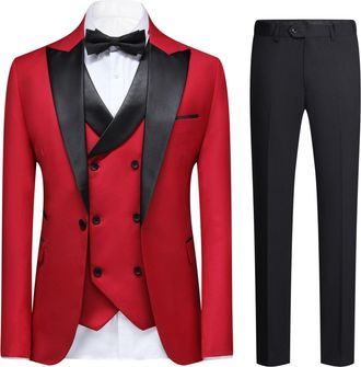 AlltheMen 3-delig herenpak met effen kleur en ingekeepte revers aan de achterkant, middenventilatie, rood