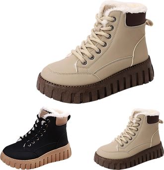 Generic Womens Winter High Top Boots Fleece Lined Platform Boots Casual Warm Faux Fur Short Boot Ladies Lace Up Ankle Booties Waterproof Anti Slip Combat Shoe