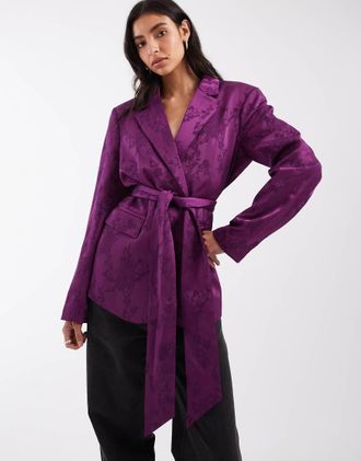Asos blazer sartoriale relaxed sfoderato con dettaglio in vita con fusciacca in jacquard viola