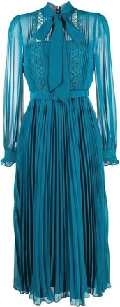 Self Portrait bow-detail pleated chiffon dress - women - Polyester/Polyester - 8 - Blue