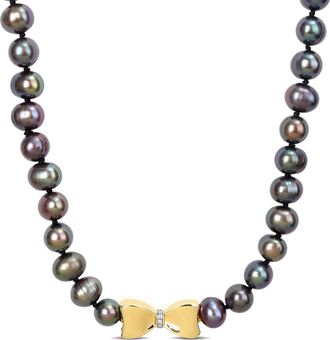 Mimi & Max 7-7.5mm Black Freshwater Pearl & Diamond Accent Bow Necklace 10k Yellow Gold - 20 in
