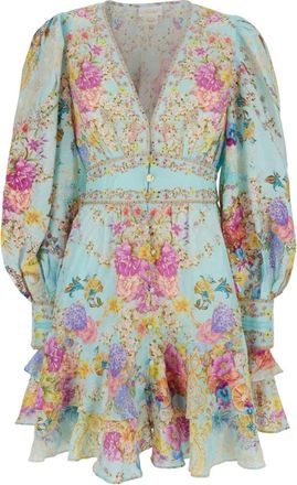 Camilla V-neck Jurk met Pofmouwen - Dames - Korte kleedjes - Veelkleurig - S - Linnen - Kleedjes