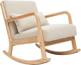 Miliboo Mecedora N&oacute;rdica De Madera Clara Y Tela Efecto Aterciopelado Beige Derry