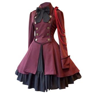 Generic Dresses for Women UK Steampunk Gothic Dress Court Collar Long Sleeve Ruffled Patchwork Long Dress Medieval Vintage Dress Halloween Party Dresses Red