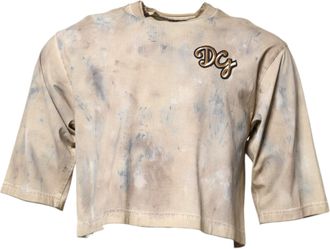 Dolce & Gabbana Mens Beige Tie Dye Dg Embroidery Cropped T-Shirt Cotton