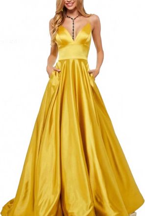 Sherri Hill V-Neck Spaghetti Strap Dress In Yellow