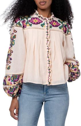 Ciebon Isme Placed Floral Ruffle Placket Button-Up Shirt in Cream Multi at Nordstrom, Size X-Small
