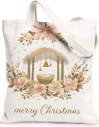 Generic Christmas Floral Canvas Tote Bags, Elegant Flower Pattern Reusable Grocery Bags, Vintage Lightweight Washable Shoulder Stra, White, 13x15 Inch