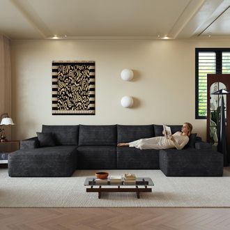 STILVORA Divano Modulare 5 Posti In Velluto A Coste Con Pouf E Chaise Longue A Sinistra, Senza Montaggio, Nero