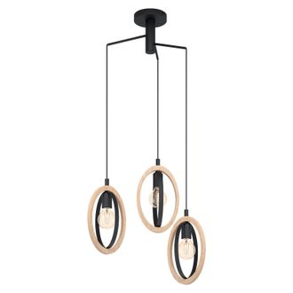 Loops Hanging Ceiling Pendant Light Black & Wood Hoop Shade 3x 40W E27 Bulb