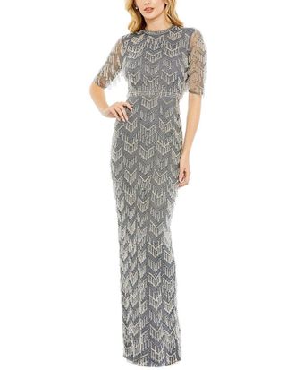 Mac Duggal Beaded Fringe Quarter Sleeve Column Gown