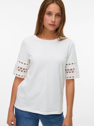 Vero Moda T-Shirt VERO MODA VMIVACY 2/4 O-NECK TOP JRS BTQ, Damen, Gr. XL, snow wei&szlig; detail:snow wei&szlig; lace, Jersey, Obermaterial: 100% Baumwolle, unifarben, nor