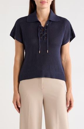 T Tahari Tie Neck Short Sleeve Open Stitch Sweater in Nightlife at Nordstrom Rack, Size X-Small