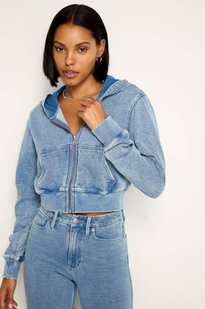 Good American Jeanius Cropped Zip Hoodie In Indigo