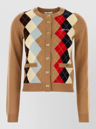 Ganni wool blend argyle cardigan front pockets