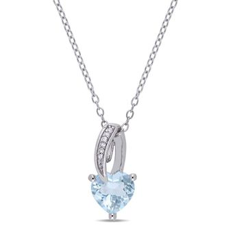 Amour Aquamarine Heart and Diamond Drop Pendant with Chain In Sterling Silver