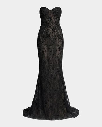 Mac Duggal Embellished Floral Lace Strapless Gown