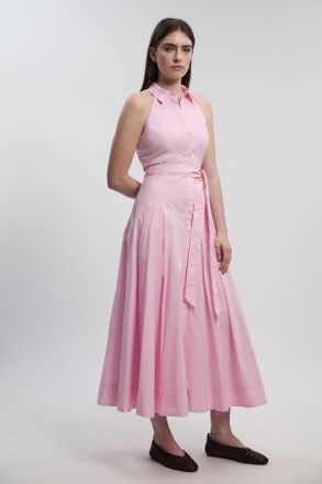 Karen Millen Womens Cotton Collared Halter Neck Woven Midi Shirt Dress With Dropped Waist Detail - Pink - Size 14 UK