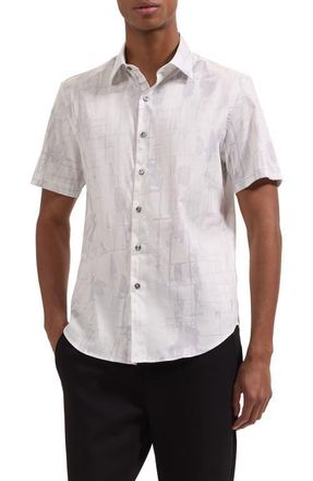 Bugatchi Orson Shaped Fit Short Sleeve Stretch Cotton Button-Up Shirt in Platinum at Nordstrom, Size Xxx-Large