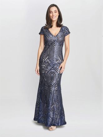 Gina Bacconi Womens Marcia Sequin Contrast Gown - Navy - Size 12 UK