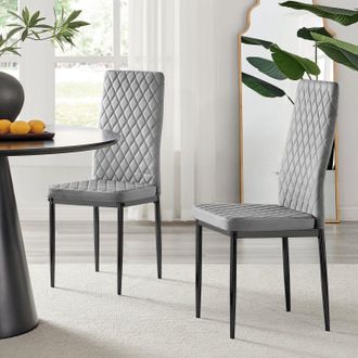 Furniturebox Set of 6 Milan High Back Soft Touch Diamond Pattern Velvet Dining Chairs With Black Powder Coated Metal Legs in Grey