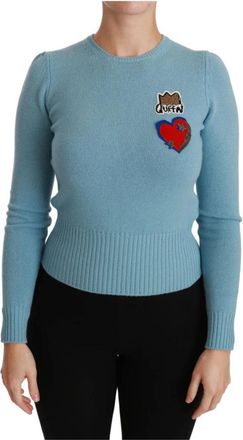 Dolce & Gabbana Koningin Hart Gebreide Wollen Trui - Dames - Ronde hals truien - Blauw - 2XS - Wol - Truien & Vesten