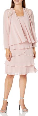 S.L. Fashions Womens Mother of The Bride Tiered Jacket Dress with Shoulder Embellishment (Petite and Regular Sizes) Special Occasion, Faded Rose, 18