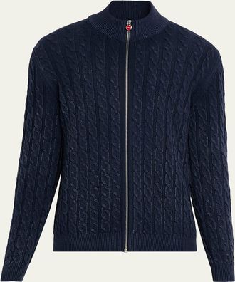 Kiton Mens Washed Cashmere Cable Knit Full-Zip Sweater