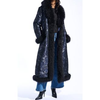 Azalea Wang Ilsa Faux Fur Trim Jacquard Coat in Navy at Nordstrom, Size Large