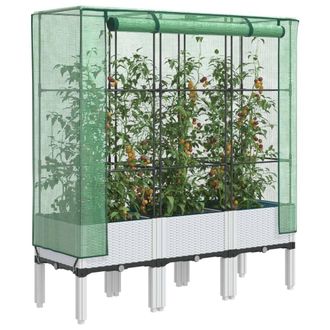 Berkfield Home Raised Bed with Greenhouse Cover Rattan Look 120x40x140 cm in White | Size: 120 x 40 x 140 cm