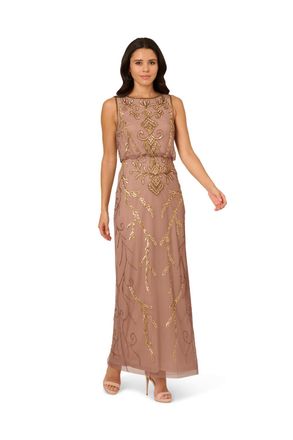 Adrianna Papell Womens Bead Blouson Long Dress - Purple - Size 18 UK