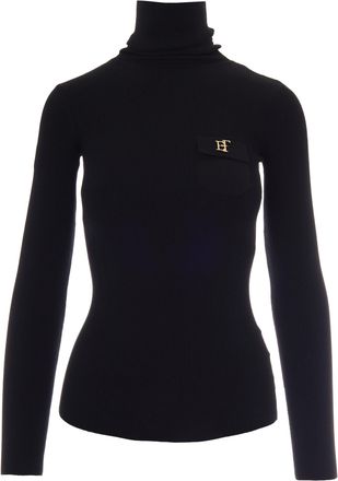 Elisabetta Franchi Fitted Long-Sleeve Knit Top with Gold Logo Detail