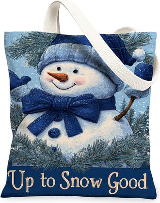 Generic Winter Snow Man Canvas Tote Bags, Charming Holiday Art Pattern Reusable Shopping Bags, Lightweight Washable Shoulder Strap, Blue, 13x15 Inch
