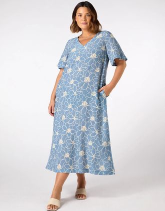 Live Unlimited London Womens Blue Floral V Neck T-Shirt Dress - Size: 12