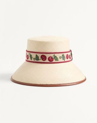 Valentino Garavani Cherryfic Straw Bucket Hat With Leather Trim And Cherryfic Ribbon Woman NATURAL/SADDLE BROWN 56